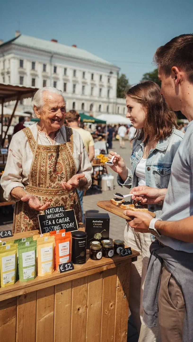 Australijos ikrai, patiekiami elegantiškoje lėkštėje su šviežiais vaisiais